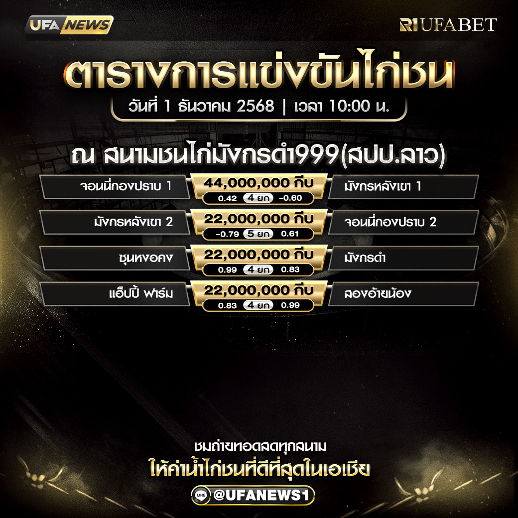 โปรแกรมก่ชน สนามชนไก่มังกรดำ9999 (สปป.ลาว) วันที่ 1 ธันวาคม 2568