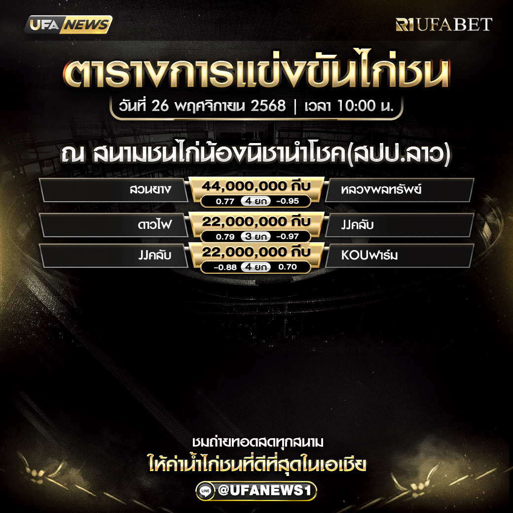 โปรแกรมไก่ชน สนามชนไก่น้องนิชานำโชค(สปป.ลาว) วันที่ 26 พฤศจิกายน 2568 พร้อมอัตราต่อรอง