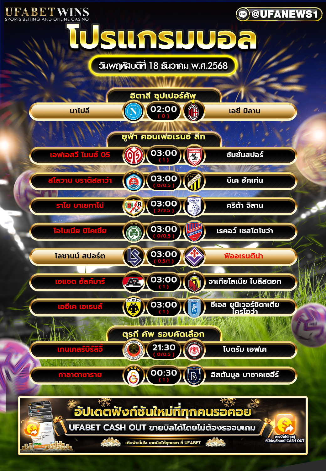 โปรแกรมบอล วันพฤหัสบดีที่ 18 ธันวาคม พ.ศ.2568 อัปเดตซุปเปอร์คัพ-คอนเฟอเรนซ์ลีก-ตุรกีคัพ