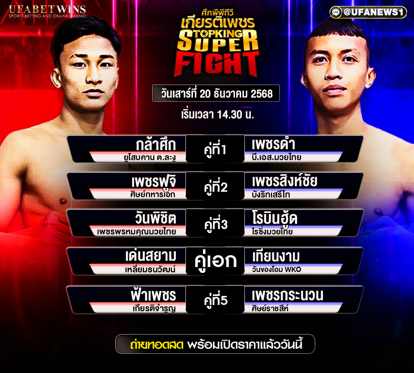 โปรแกรมมวย ศึกจิตรเมืองนนท์ เวทีมวยจิตรเมืองนนท์ อตก.3 วันเสาร์ที่ 20 ธันวาคม 2568