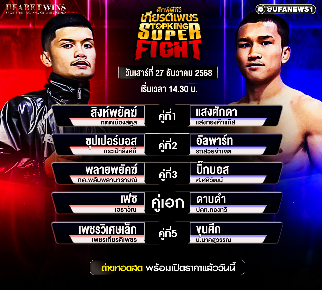 โปรแกรมมวย ศึกเกียรติเพชร TOP KING วันเสาร์ที่ 27 ธันวาคม 2568 ณ เวทีมวยสยามอ้อมน้อย เวลา 14:30 น. พร้อมผลชั่งน้ำหนักครบทุกคู่