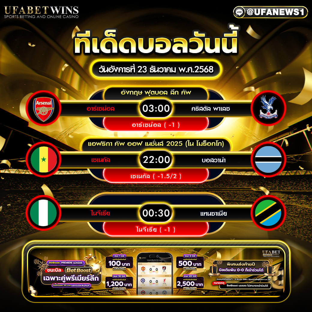 ทีเด็ดบอล วันอังคารที่ 23 ธันวาคม พ.ศ.2568 ฟันธง 3 คู่ วิเคราะห์ครบทุกคู่เด่น