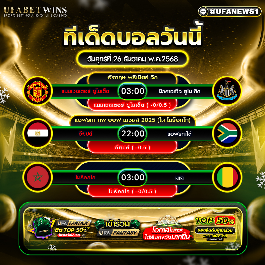 ทีเด็ดบอล วันศุกร์ที่ 26 ธันวาคม พ.ศ.2568 วิเคราะห์ครบทุกคู่เด่น ระวังลูกตั้งเตะและทรานซิชัน