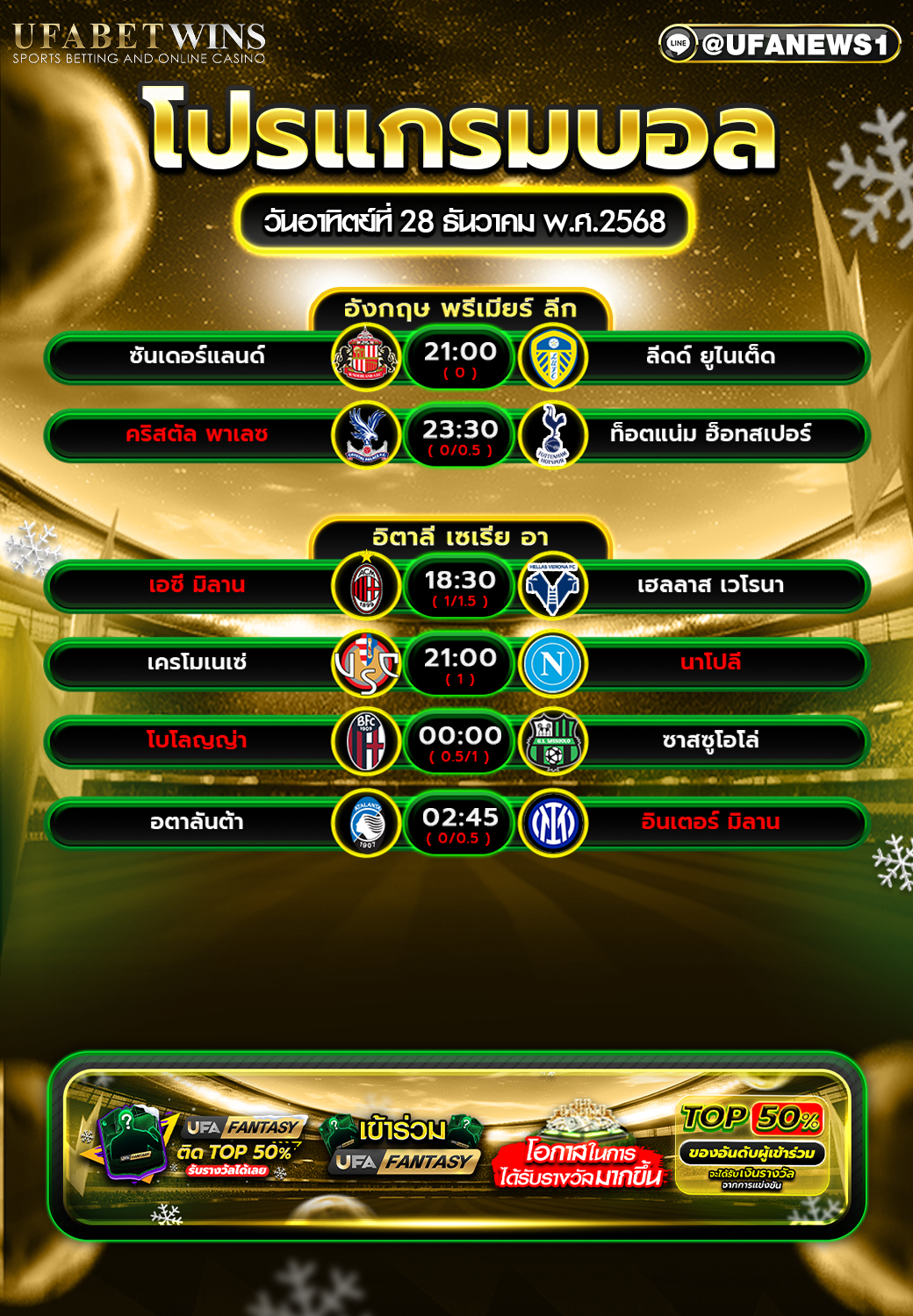 โปรแกรมบอล วันอาทิตย์ที่ 28 ธันวาคม พ.ศ.2568 รวมโปรแกรมบอลยุโรปวันนี้ 2 ลีกดังในคืนเดียว