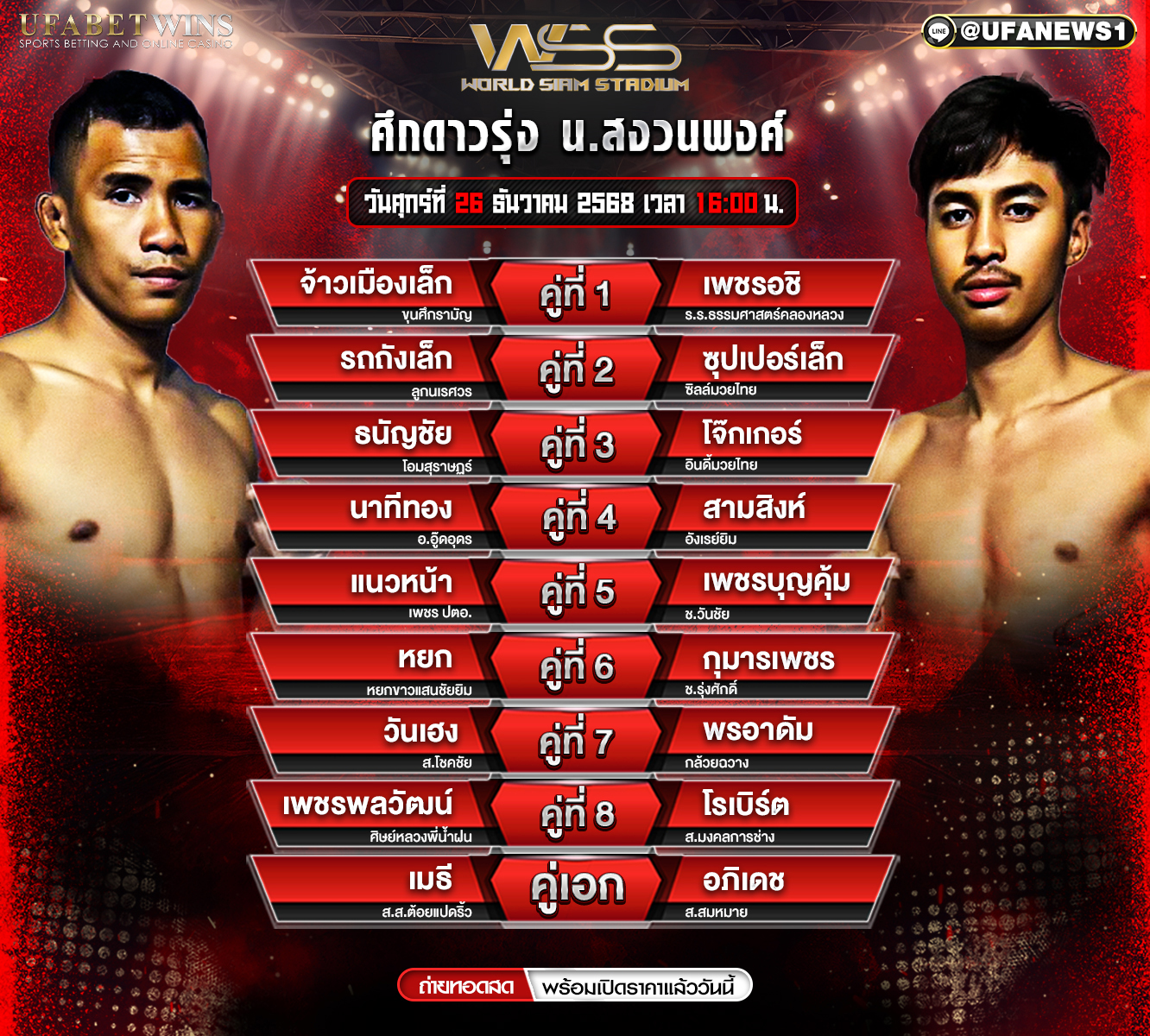 โปรแกรมมวย ศึกดาวรุ่ง น.สงวนพงศ์ วันศุกร์ที่ 26 ธันวาคม 2568 เวทีมวยตะวันนา เวลา 16:30 น. พร้อมผลชั่งน้ำหนักครบทุกคู่