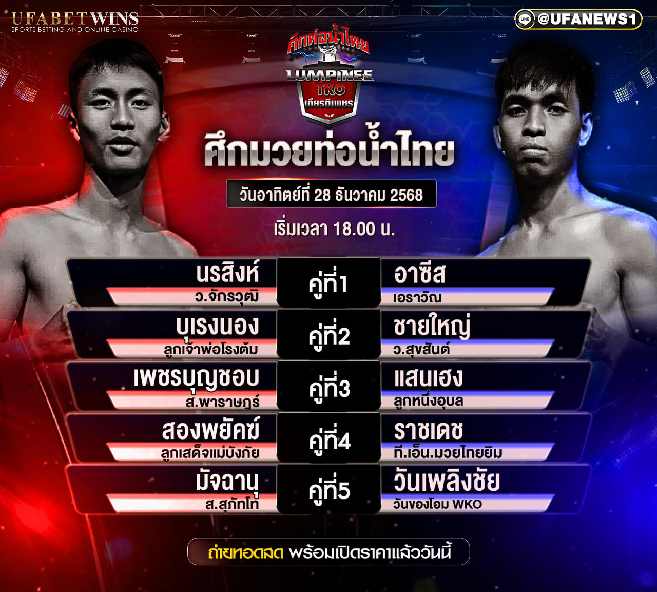 โปรแกรมมวย ศึกท่อน้ำไทยเกียรติเพชรทีเคโอ วันอาทิตย์ที่ 28 ธันวาคม 2568 เวทีมวยราชดำเนิน เวลา 20.00 น. พร้อมผลชั่งน้ำหนักครบทุกคู่