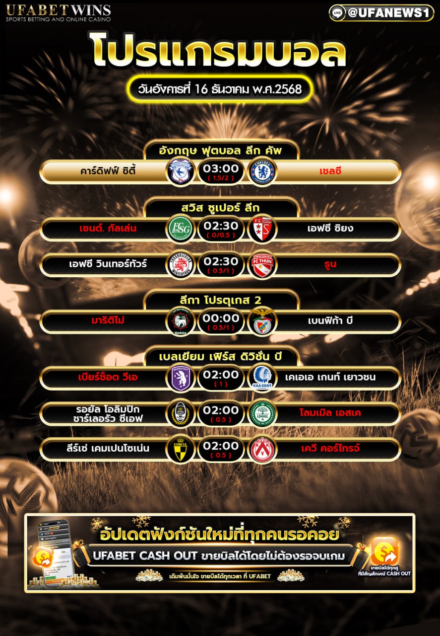 โปรแกรมบอล วันอังคารที่ 16 ธันวาคม พ.ศ.2568 ตารางบอลคืนนี้ครบทุกคู่