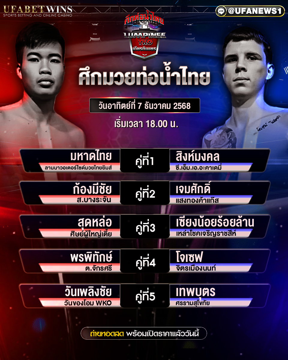 โปรแกรมมวยศึกท่อน้ำไทย TKO เกียรติเพชร ที่ 7 ธันวาคม 2568 เวทีราชดำเนิน เดือดทั้งไทยและต่างชาติ
