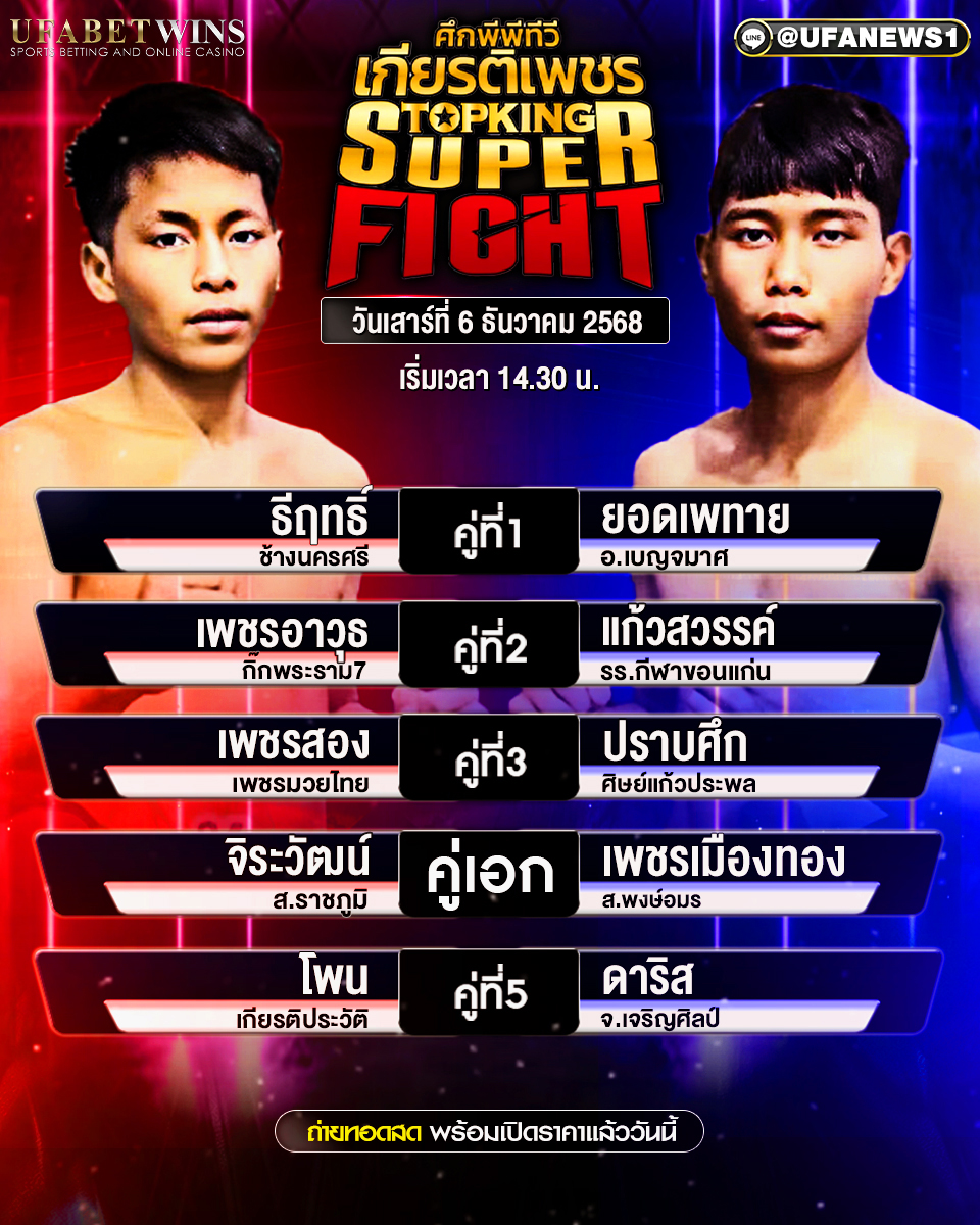 โปรแกรมมวยศึกมวยไทยเกียรติเพชร SKS ที่ 6 ธันวาคม 2568 : เวทีสยามอ้อมน้อย พร้อมทีเด็ดวิเคราะห์มวย