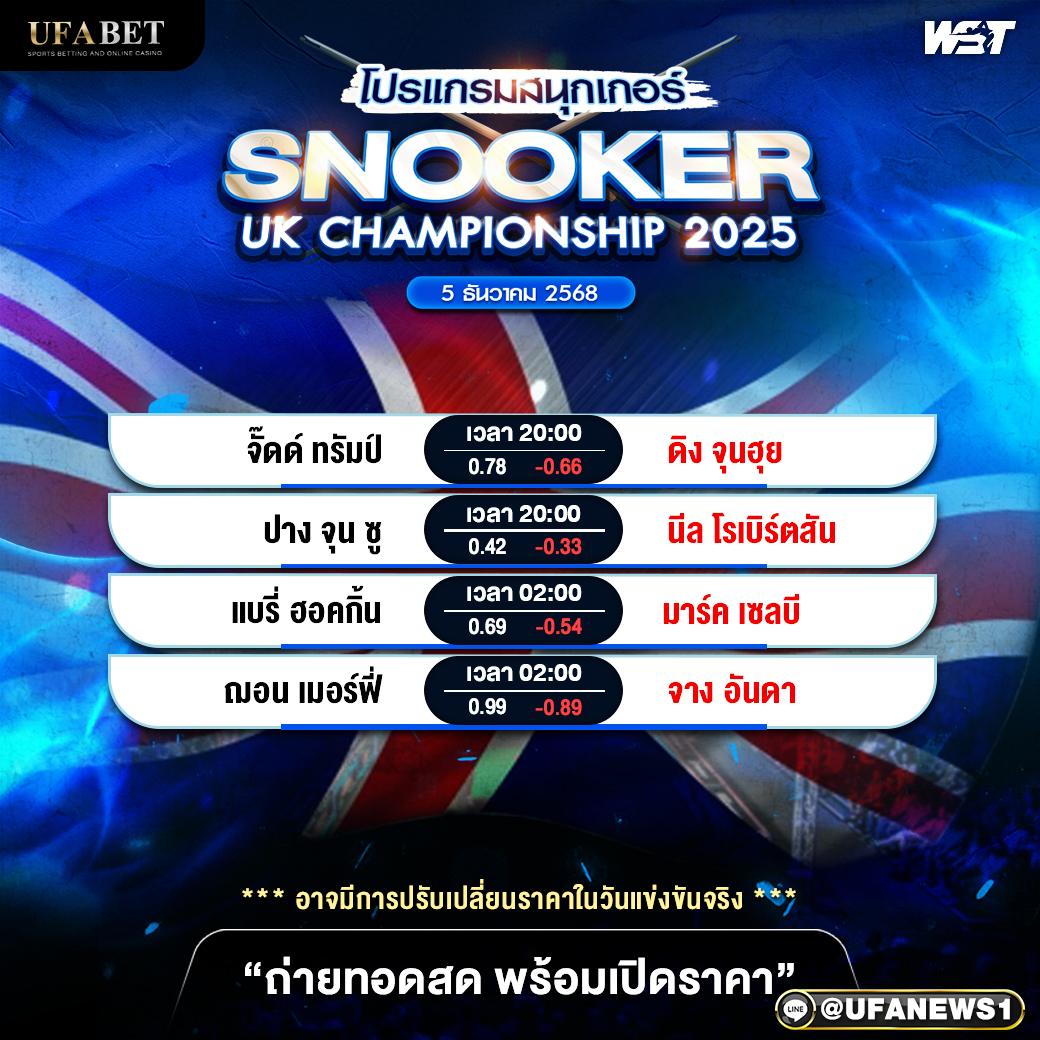 โปรแกรมสนุกเกอร์ วันที่ 5 ธันวาคม 2568 : SNOOKER UK CHAMPIONSSHIP 2025