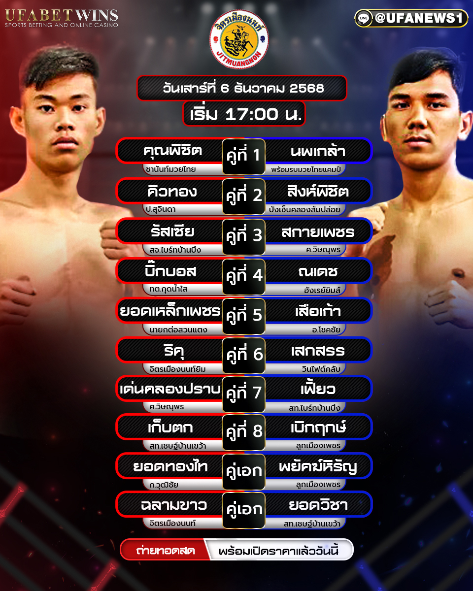 โปรแกรมมวยศึกจิตรเมืองนนท์ ที่ 6 ธันวาคม 2568 เวทีมวยจิตรเมืองนนท์ อตก.3 นนทบุรี