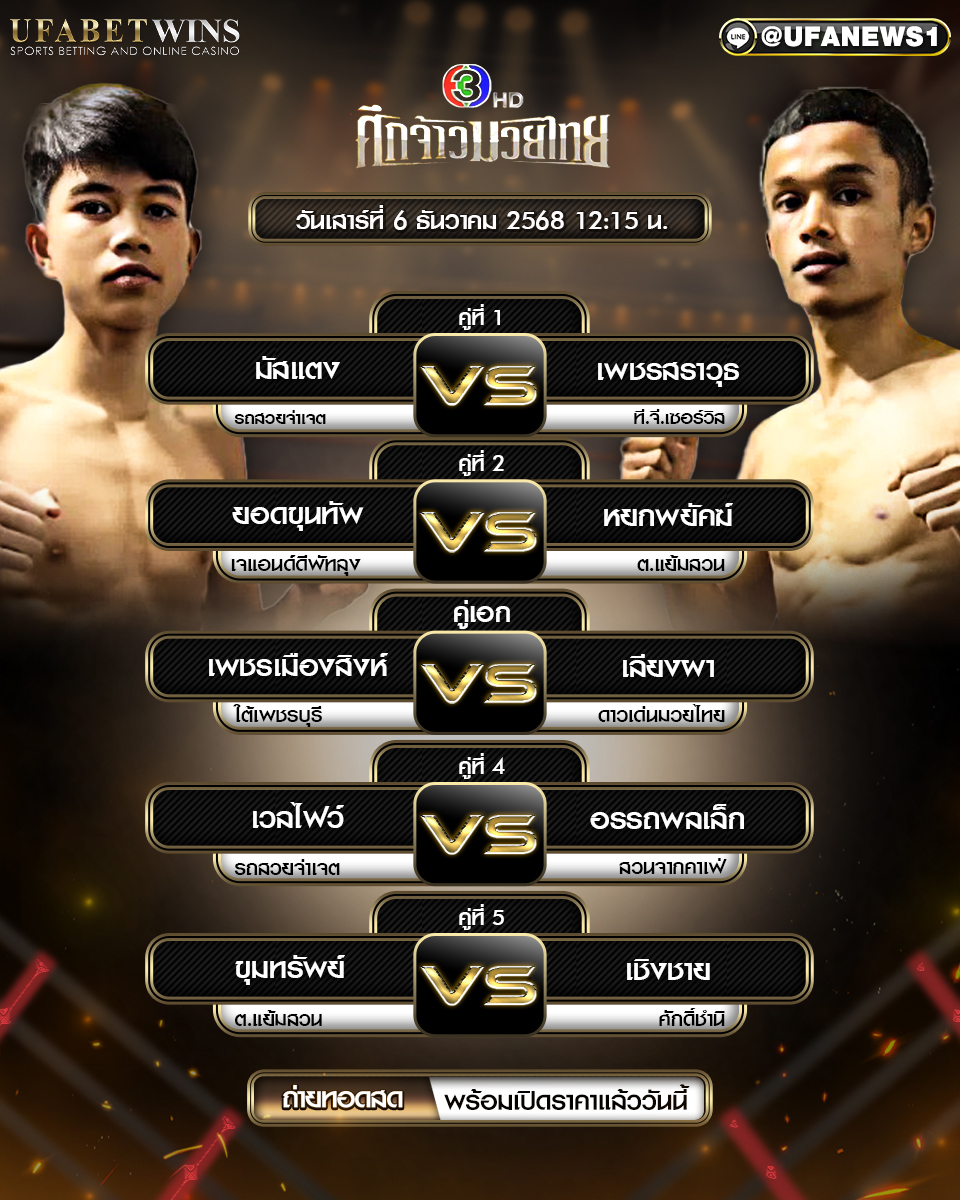 โปรแกรมมวยศึกจ้าวมวยไทย ที่ 6 ธันวาคม 2568 : ณ เวทีสยามอ้อมน้อย เริ่มชกตั้งแต่เวลา 12.15 น.