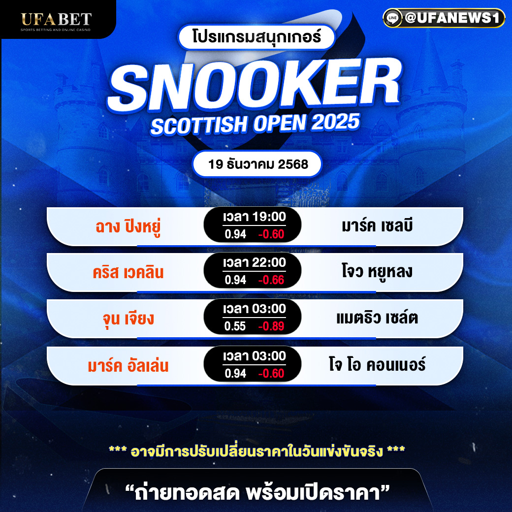 โปรแกรมสนุกเกอร์ สก็อตติช โอเพ่น วันนี้ 19/12/2568 | คู่แข่งครบทุกคู่