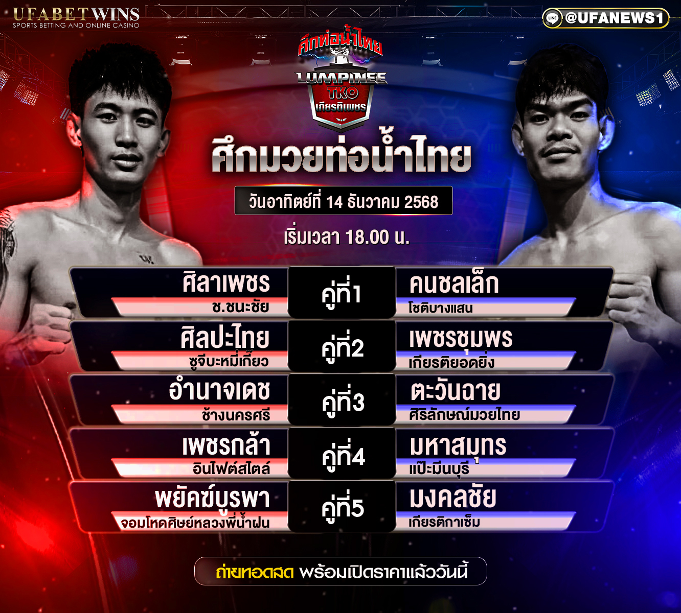 โปรแกรมมวย ศึกท่อน้ำไทยเกียรติเพชรทีเคโอ วันอาทิตย์ที่ 14 ธันวาคม 2568 เวทีมวยราชดำเนิน เริ่ม 18.00 น.