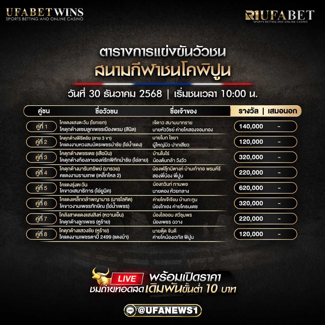 โปรแกรมวัวชน สนามกีฬาชนโคพิปูน วันที่ 30 ธันวาคม 2568 เริ่มชนเวลา 10:00 น. (ตารางครบคู่ที่ 1–8)