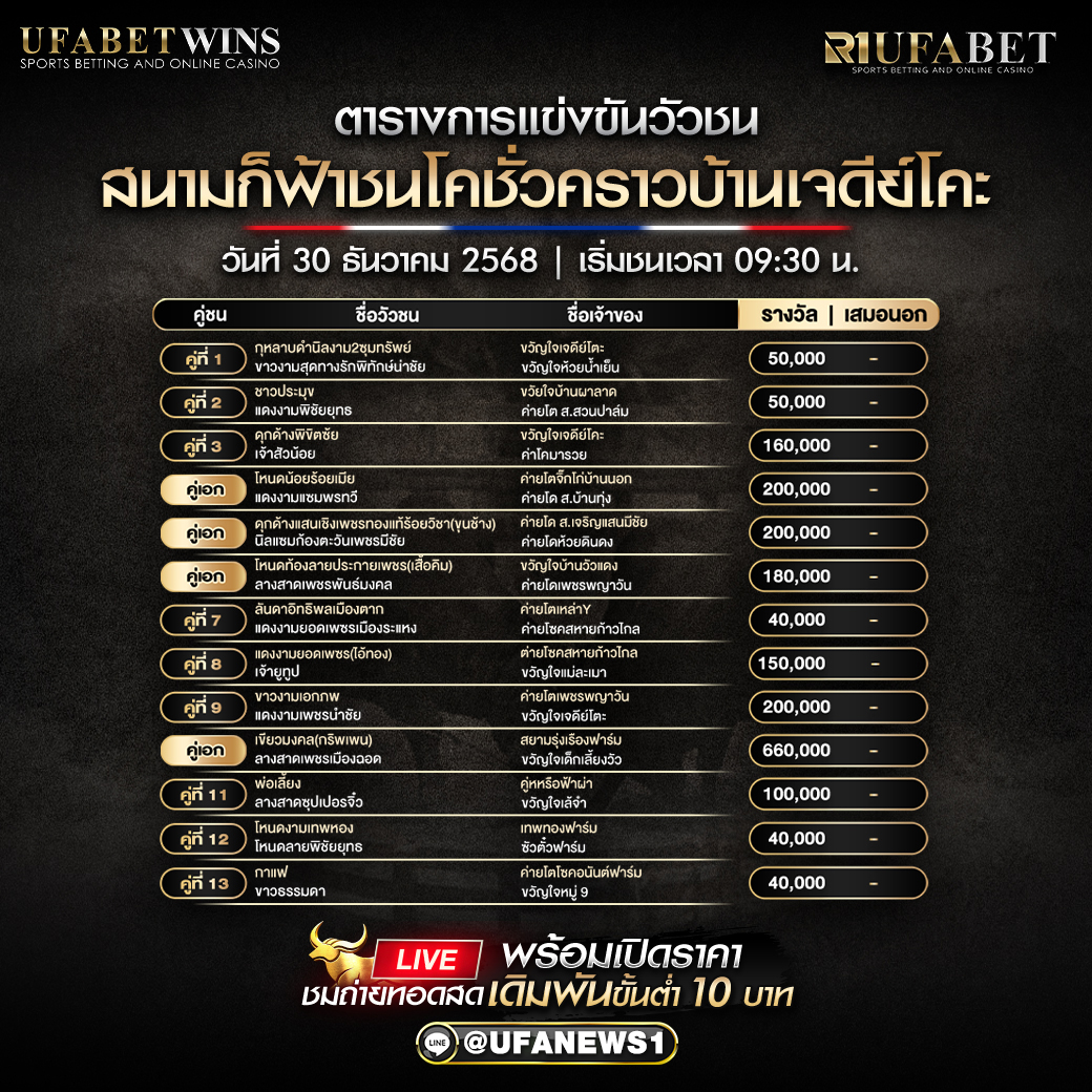 โปรแกรมวัวชน สนามก็ฟ้าชนโคชั่วคราวบ้านเจดีย์โคะ วันที่ 30 ธันวาคม 2568 เริ่มชนเวลา 09:30 น. (ตารางครบคู่ที่ 1–13)