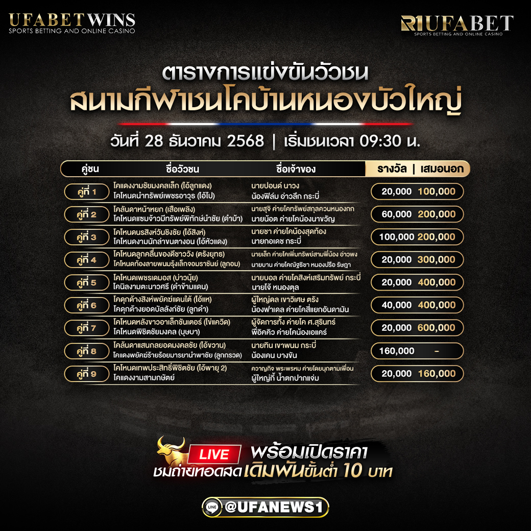 โปรแกรมวัวชน สนามกีฬาชนโคบ้านหนองบัวใหญ่ วันที่ 28 ธันวาคม 2568 เริ่มชนเวลา 09:30 น. (ตารางเงินรางวัล + เสมอนอกครบคู่ที่ 1–9)