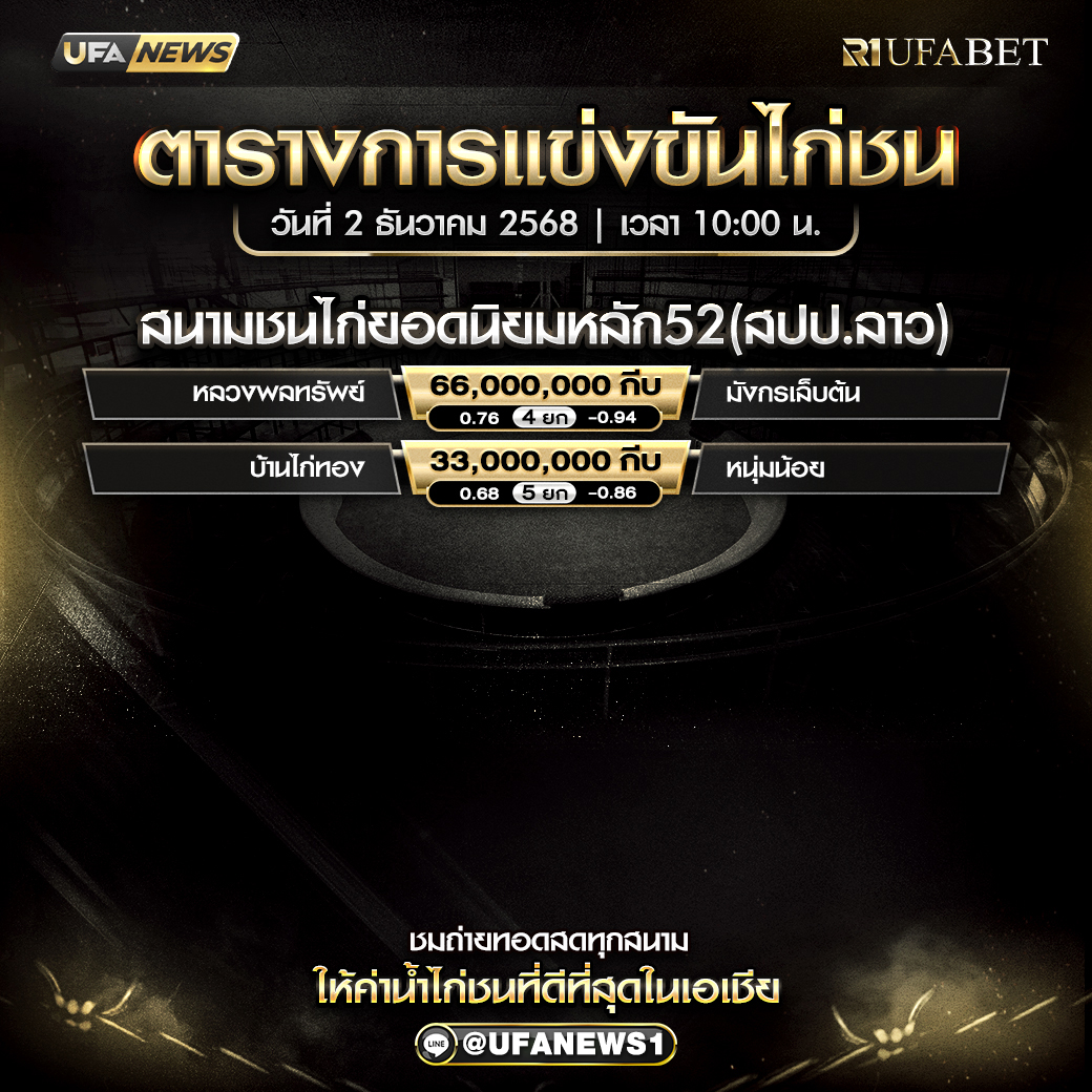 โปรแกรมไก่ชน สนามชนไก่ยอดนิยมหลัก52 (สปป.ลาว) วันที่ 2 ธันวาคม 2568 เริ่มชนเวลา 10:00 น.