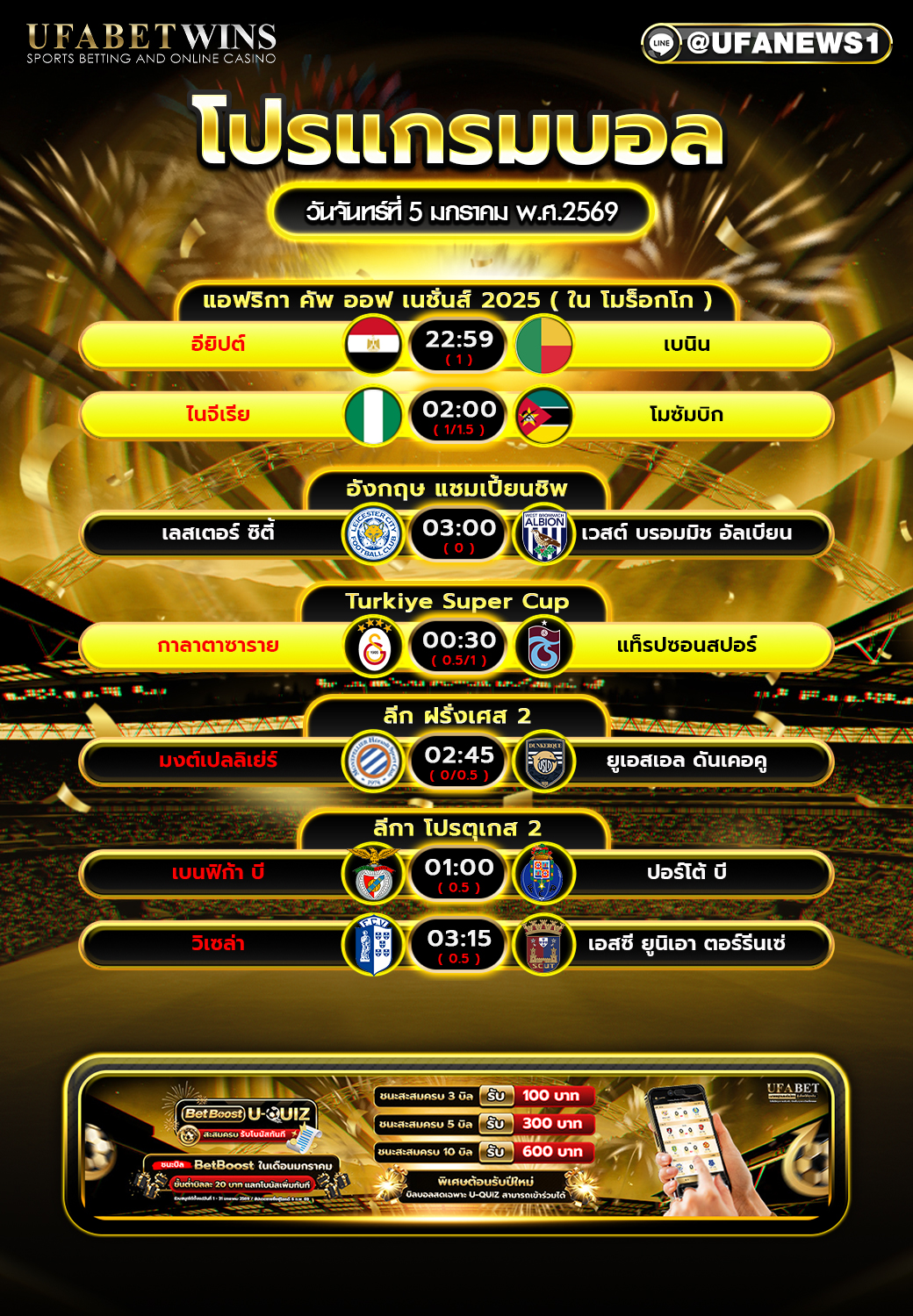 โปรแกรมบอล วันจันทร์ที่ 5 มกราคม พ.ศ.2569 ตารางบอลเตะดึก-เช้ามืด ครบทีมชาติและลีกยุโรป