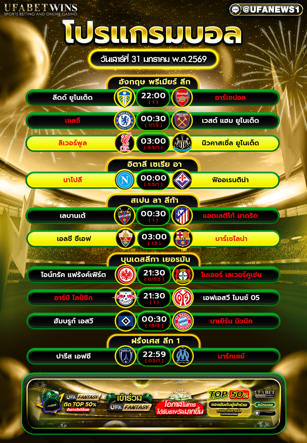 โปรแกรมบอลวันนี้ วันเสาร์ที่ 31 มกราคม 2569 ครบทุกลีกใหญ่จากยุโรป