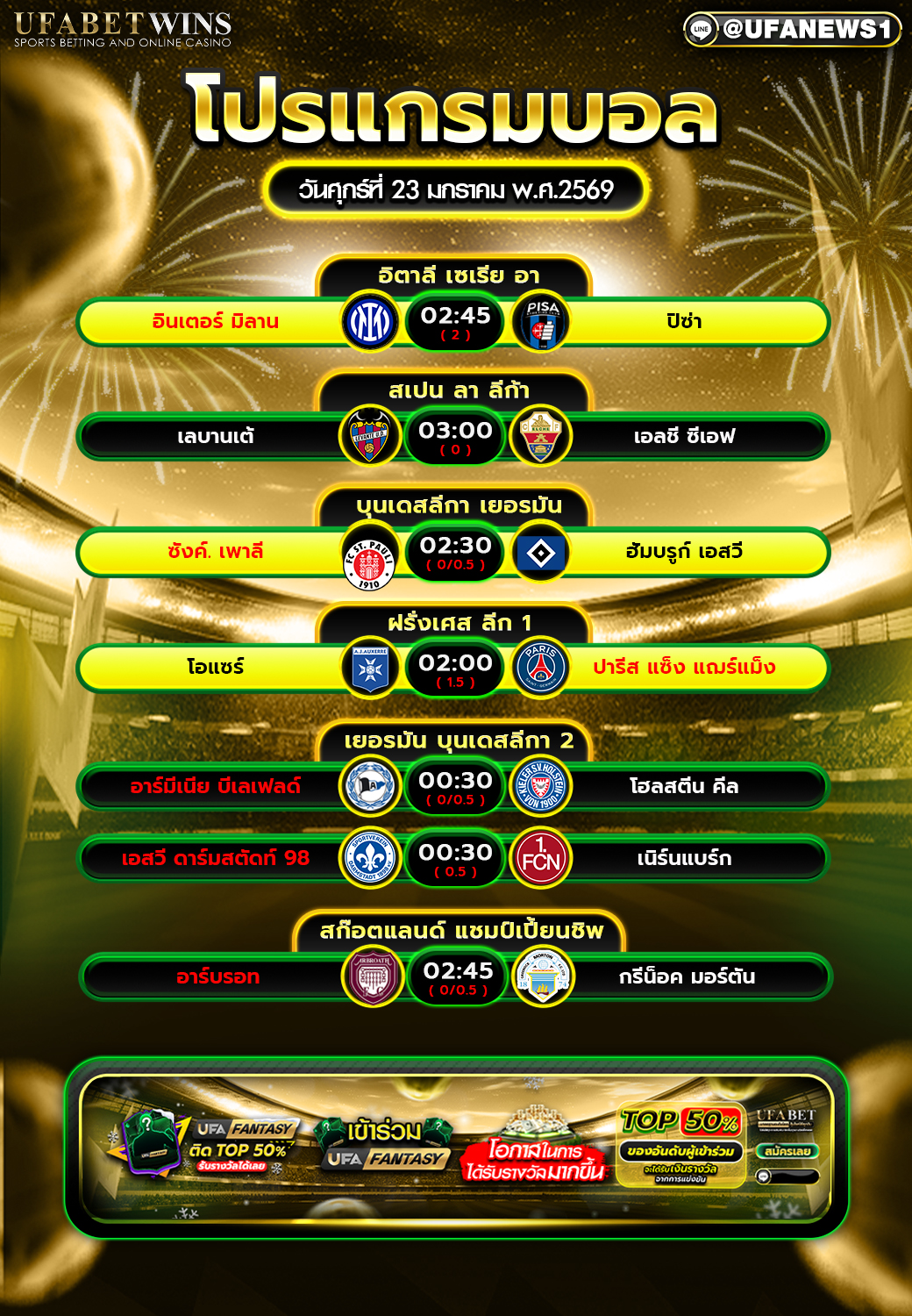 โปรแกรมฟุตบอล วันศุกร์ที่ 23 มกราคม พ.ศ. 2569