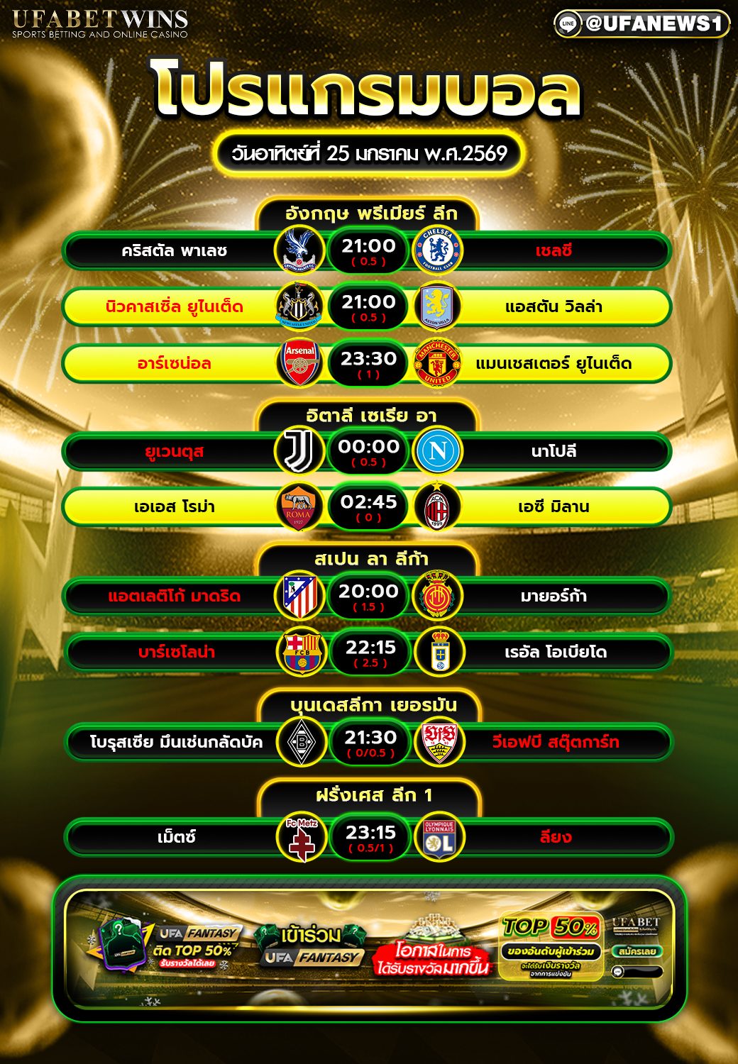 โปรแกรมบอลวันนี้ อาทิตย์ที่ 25 มกราคม 2569 เช็กทุกคู่ดังคืนนี้ครบจบหน้าเดียว