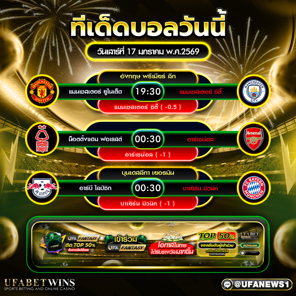 ทีเด็ดบอลวันนี้ วันเสาร์ที่ 17 มกราคม พ.ศ. 2569 วิเคราะห์บอลพร้อมโปรแกรมสำคัญค่ำคืนนี้