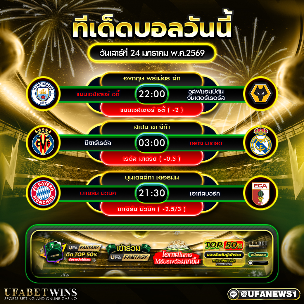 ทีเด็ดบอลวันนี้ เสาร์ที่ 24 มกราคม 2569 สามคู่เน้นจากลีกใหญ่ยุโรป