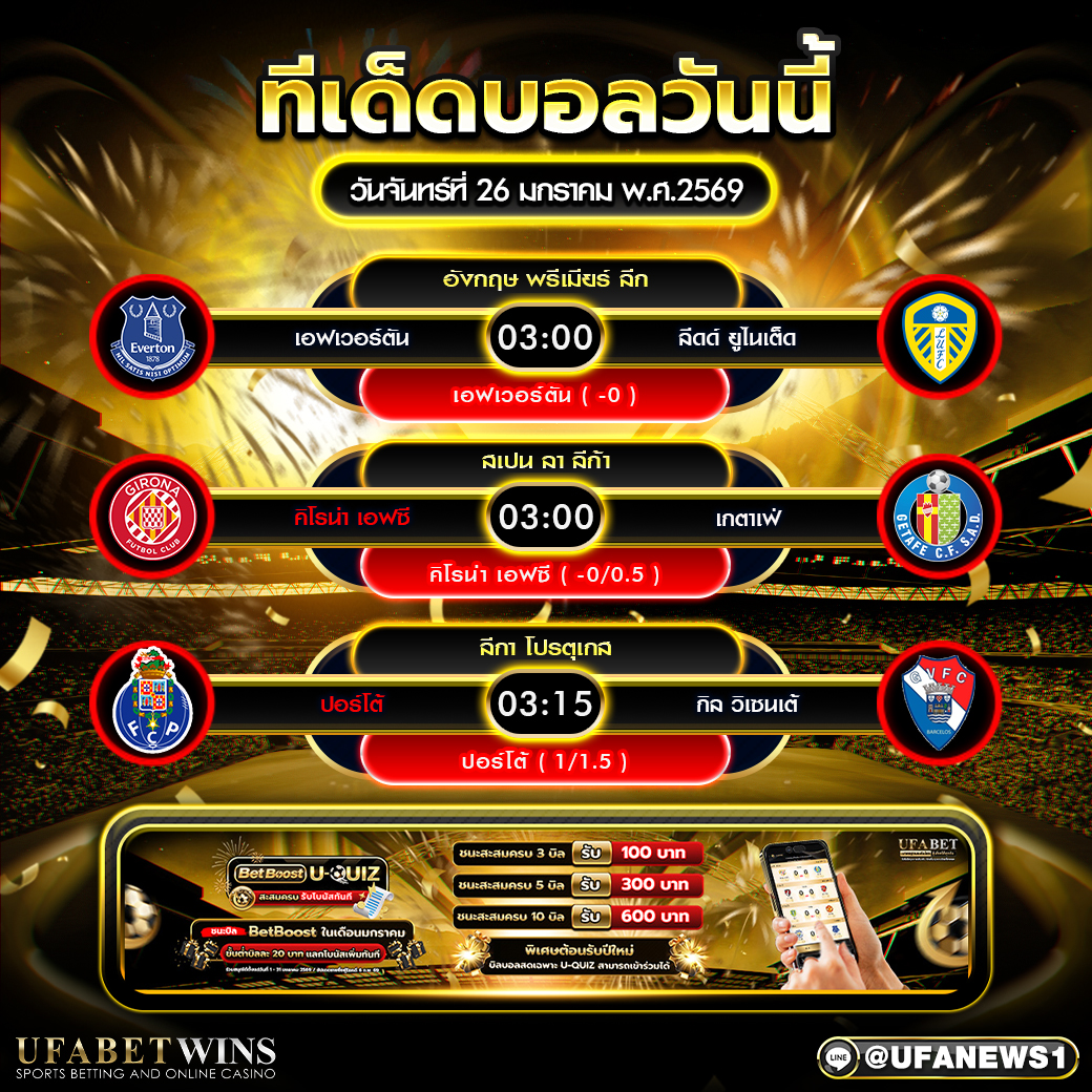 ทีเด็ดบอลวันนี้ 26 มกราคม 2569 สามคู่เน้นจากพรีเมียร์ลีก ลาลีกา และลีกาโปรตุเกส