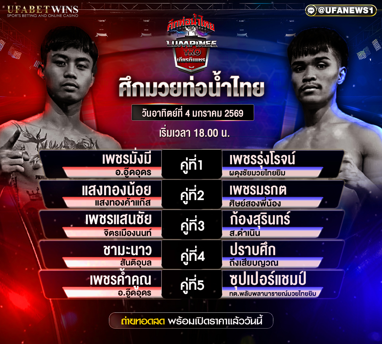 โปรแกรมมวย ศึกท่อน้ำไทยเกียรติเพชรทีเคโอ วันที่ 4 มกราคม 2569 เวทีมวยราชดำเนิน เวลา 18.00 น.