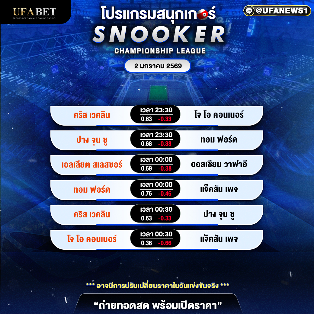 โปรแกรมสนุกเกอร์ แชมเปียนชิพ ลีก Group 1 วันศุกร์ที่ 2 มกราคม 2569