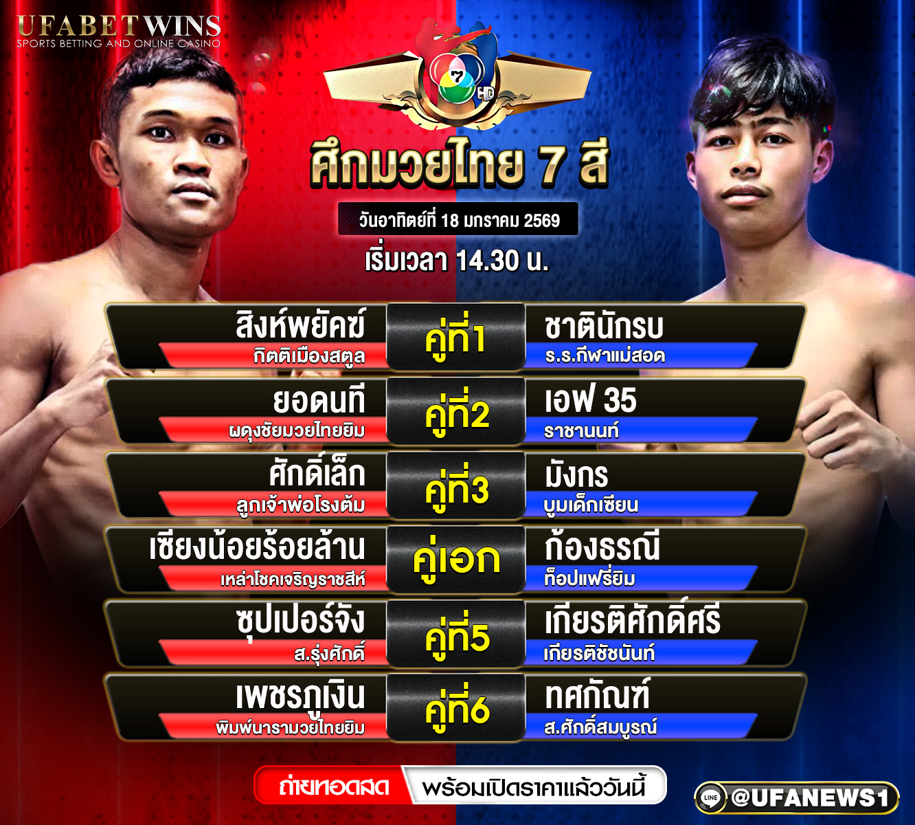 โปรแกรมมวย ศึกมวยไทย 7 สี วันอาทิตย์ที่ 18 มกราคม 2569 | เวทีมวยช่อง 7 สี เริ่มชกเวลา 14.30 น.