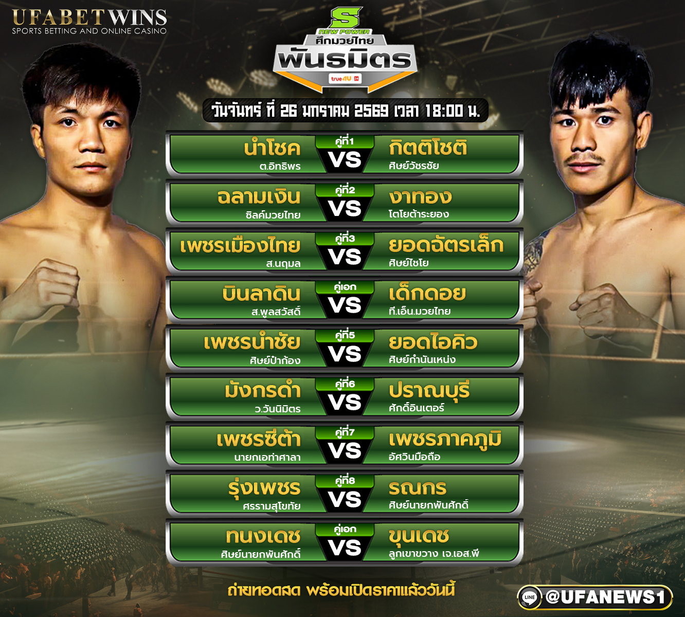 โปรแกรมมวย ศึกมวยไทยพันธมิตร วันจันทร์ที่ 26 มกราคม 2569 ณ เวทีมวยเวิล์ด สยาม สเตเดี้ยม