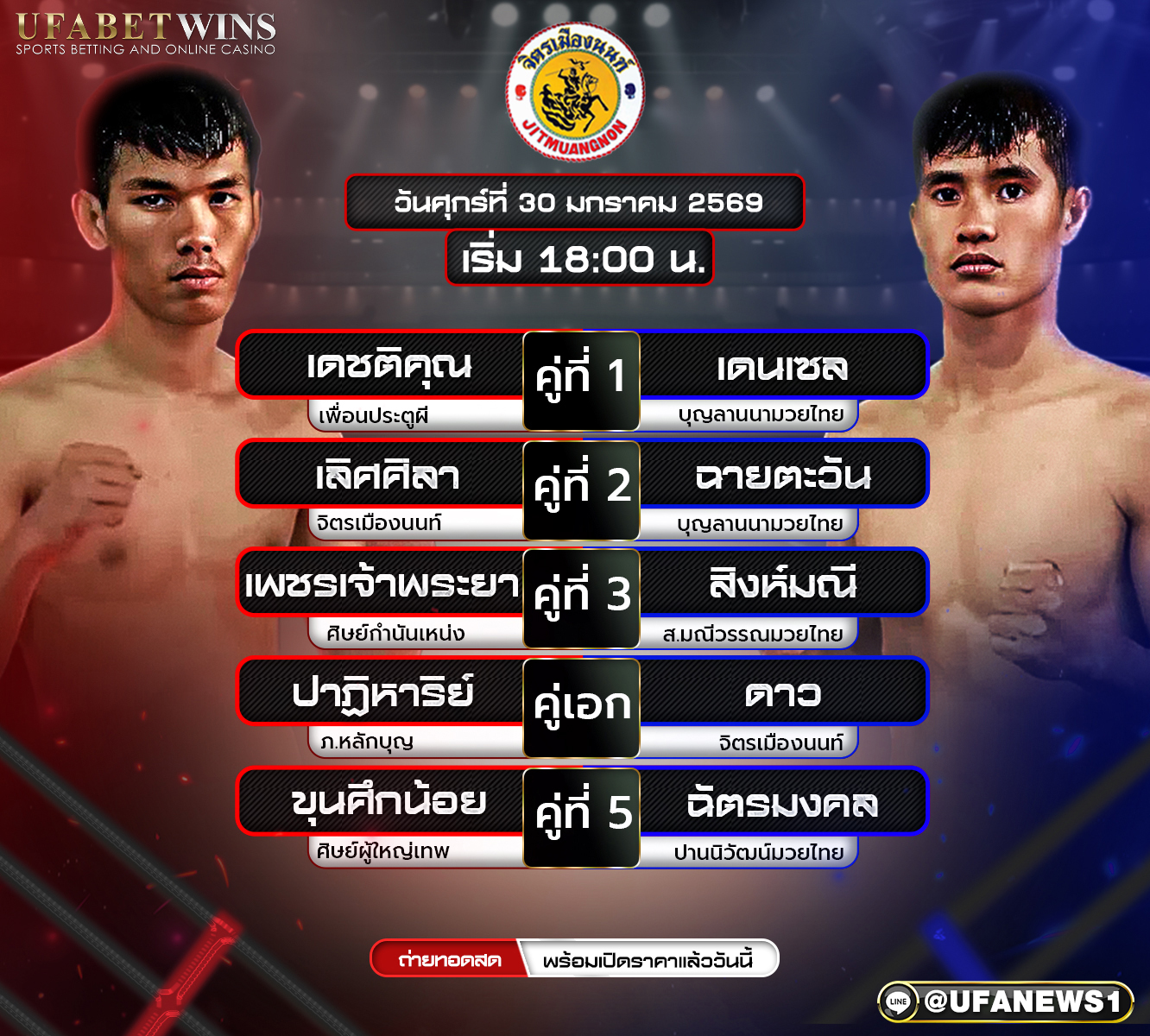 โปรแกรมมวย ศึกจิตรเมืองนนท์ วันศุกร์ที่ 30 มกราคม 2569 ณ เวทีมวยจิตรเมืองนนท์ อตก.3 แฟนมวยไม่ควรพลาด