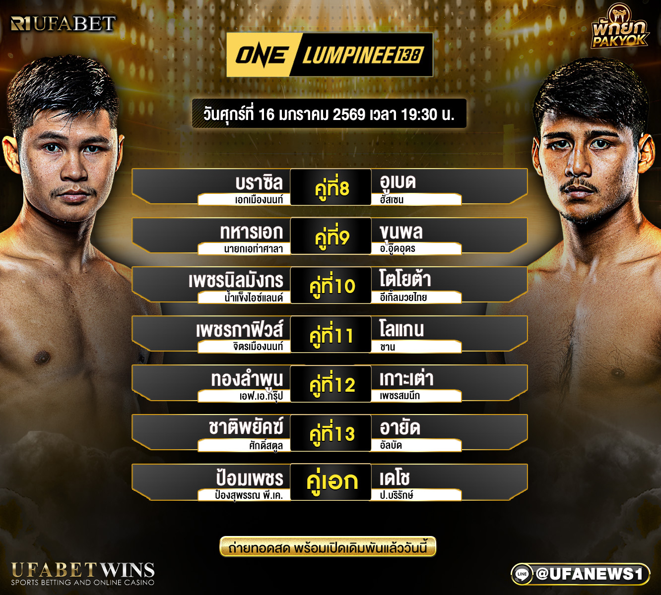 โปรแกรมมวย ศึกวันแชมเปียนชิพลุมพินี 16 มกราคม 2569 เวทีลุมพินี คู่เอกเดือด วิเคราะห์ก่อนขึ้นเวที