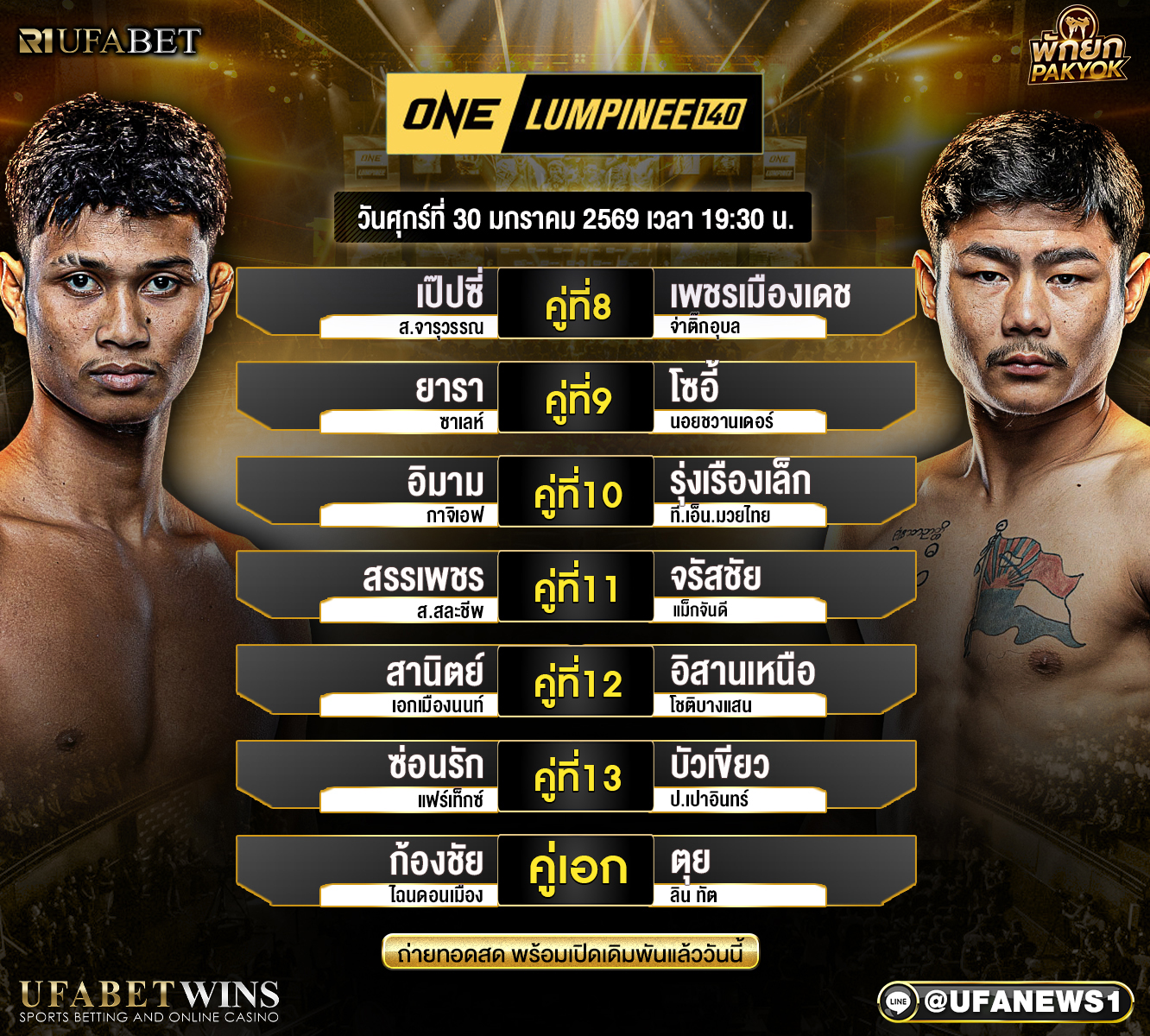 โปรแกรมมวย ศึกวันแชมเปียนชิพลุมพินี 140 วันศุกร์ที่ 30 มกราคม 2569 ณ เวทีลุมพินี รวมคู่มวยครบ 14 คู่