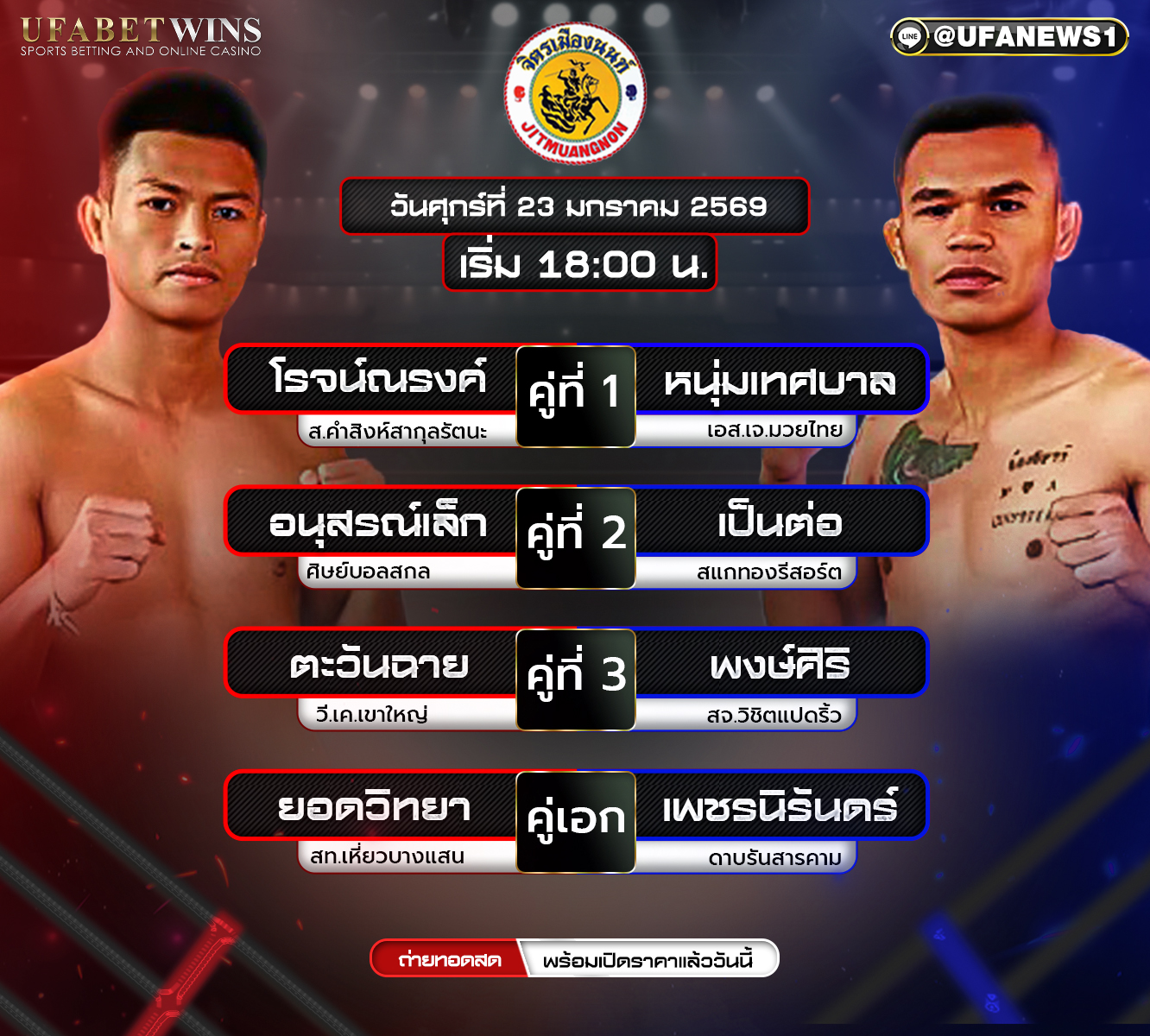 โปรแกรมมวย ศึกจิตรเมืองนนท์ วันที่ 23 มกราคม 2569 ก่อนระเบิดความมัน ณ เวทีชั่วคราวอุดรธานี