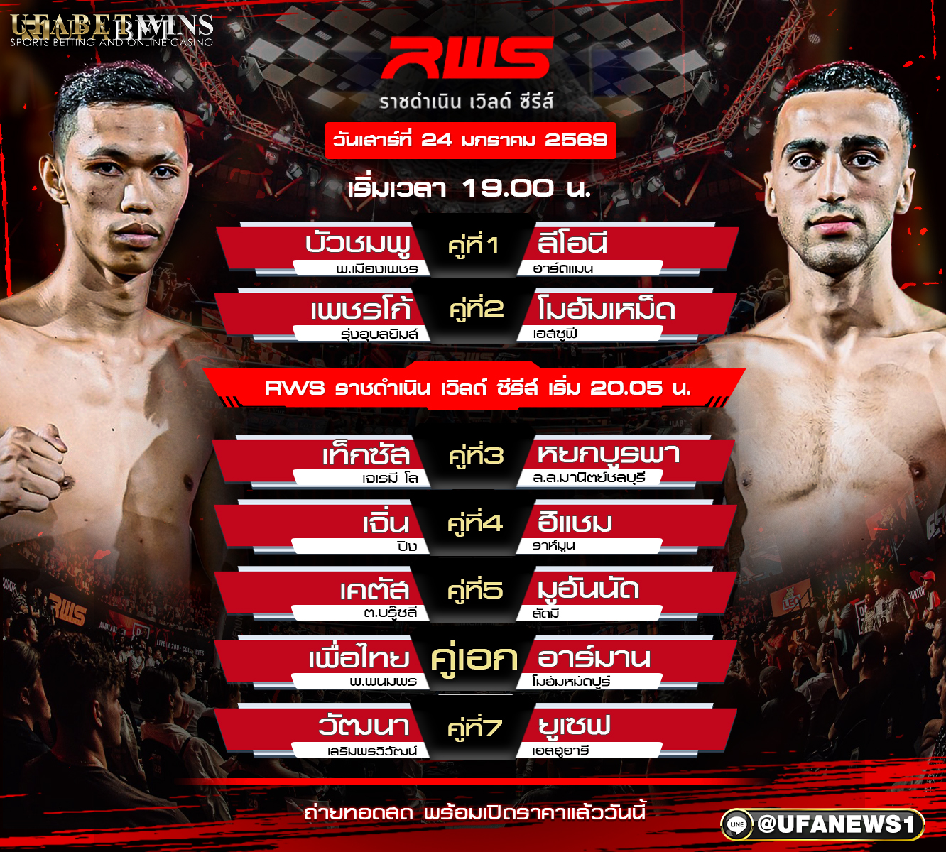 โปรแกรมมวย ศึกราชดำเนิน เวิลด์ ซีรีส์ RWS วันเสาร์ที่ 24 มกราคม 2569 ณ เวทีมวยราชดำเนิน