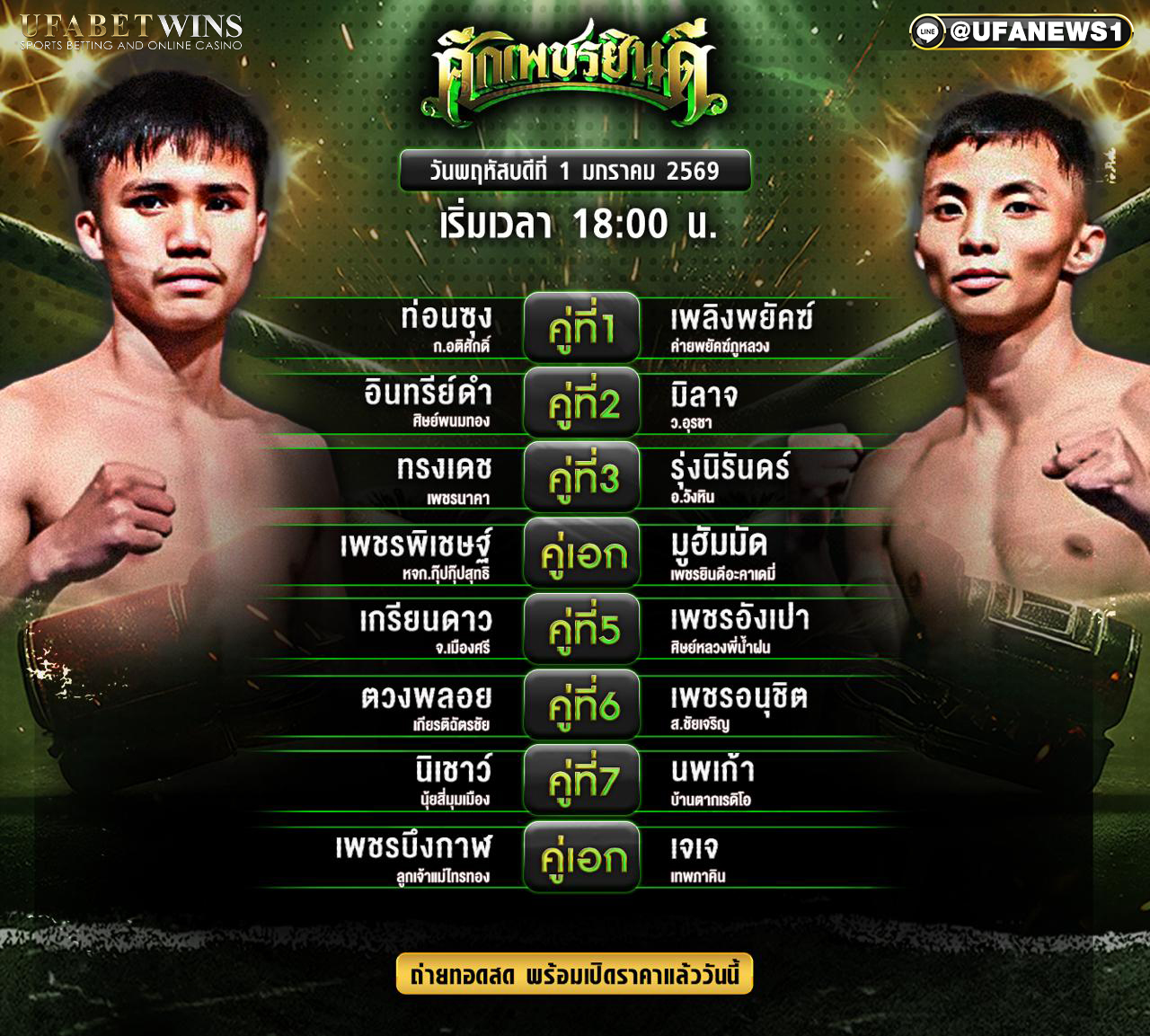 โปรแกรมมวย ศึกเพชรยินดี วันพฤหัสบดีที่ 1 มกราคม 2569 เวทีมวยราชดำเนิน เวลา 18.00 น. พร้อมผลชั่งน้ำหนักครบทุกคู่