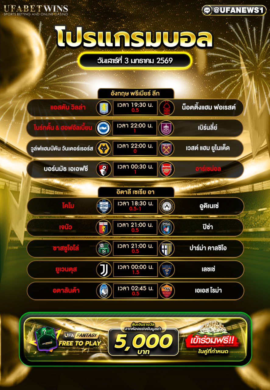 โปรแกรมบอล วันเสาร์ที่ 3 มกราคม 2569 เช็กเวลาเตะไทยครบทุกคู่ พร้อมไฮไลต์น่าดูทั้งคืน