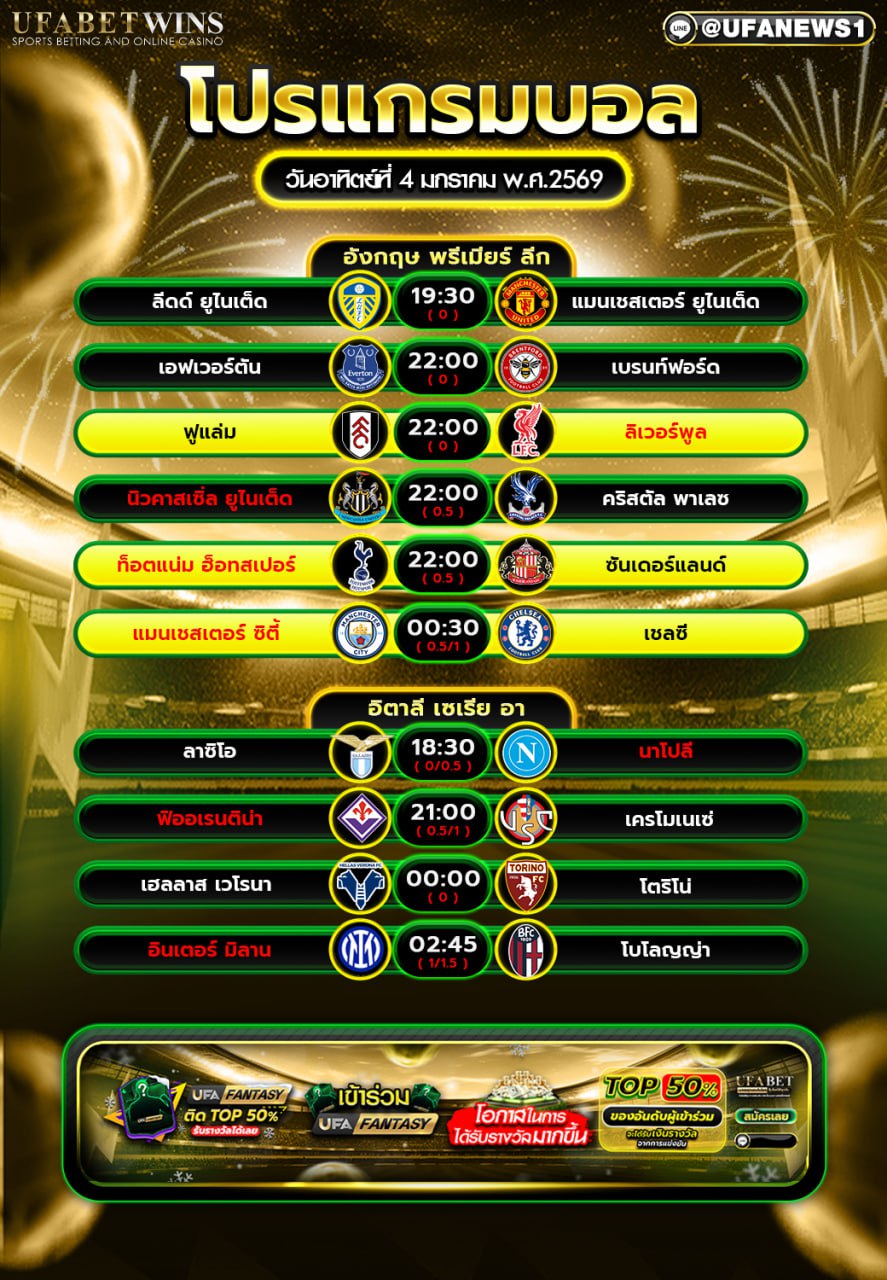 โปรแกรมบอล วันอาทิตย์ที่ 4 มกราคม พ.ศ.2569 รวมพรีเมียร์ลีก + เซเรียอา เน้นคู่ใหญ่หัวค่ำและคู่ดึกสุดมันส์