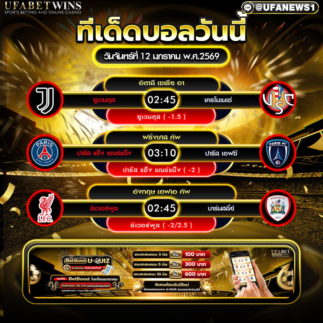 ทีเด็ดบอล วันจันทร์ที่ 12 มกราคม พ.ศ.2569 วิเคราะห์บอลวันนี้ครบทุกคู่ เน้นราคาน่าเล่น