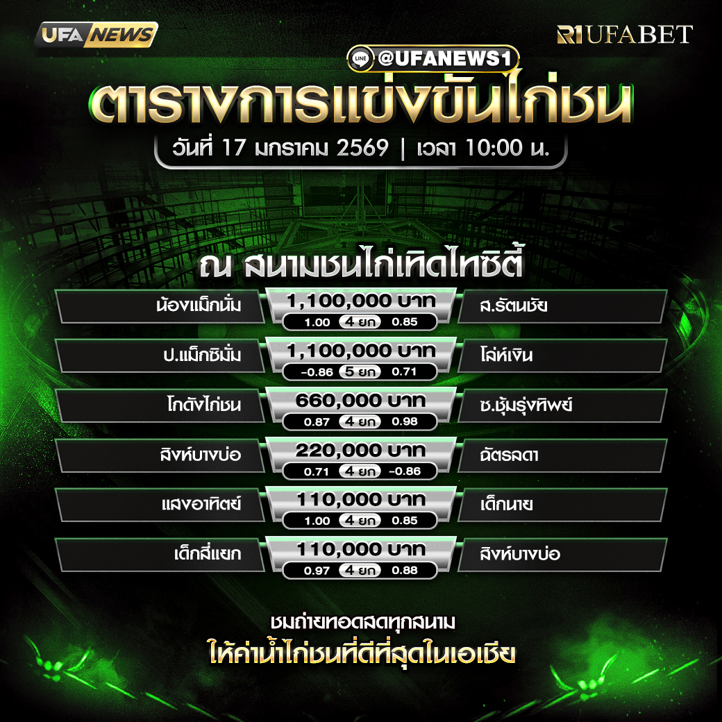 โปรแกรมการแข่งขัน สนามเทิดไทซิตี้ วันที่ 17 มกราคม 2569 เริ่มเวลา 10:00 น.