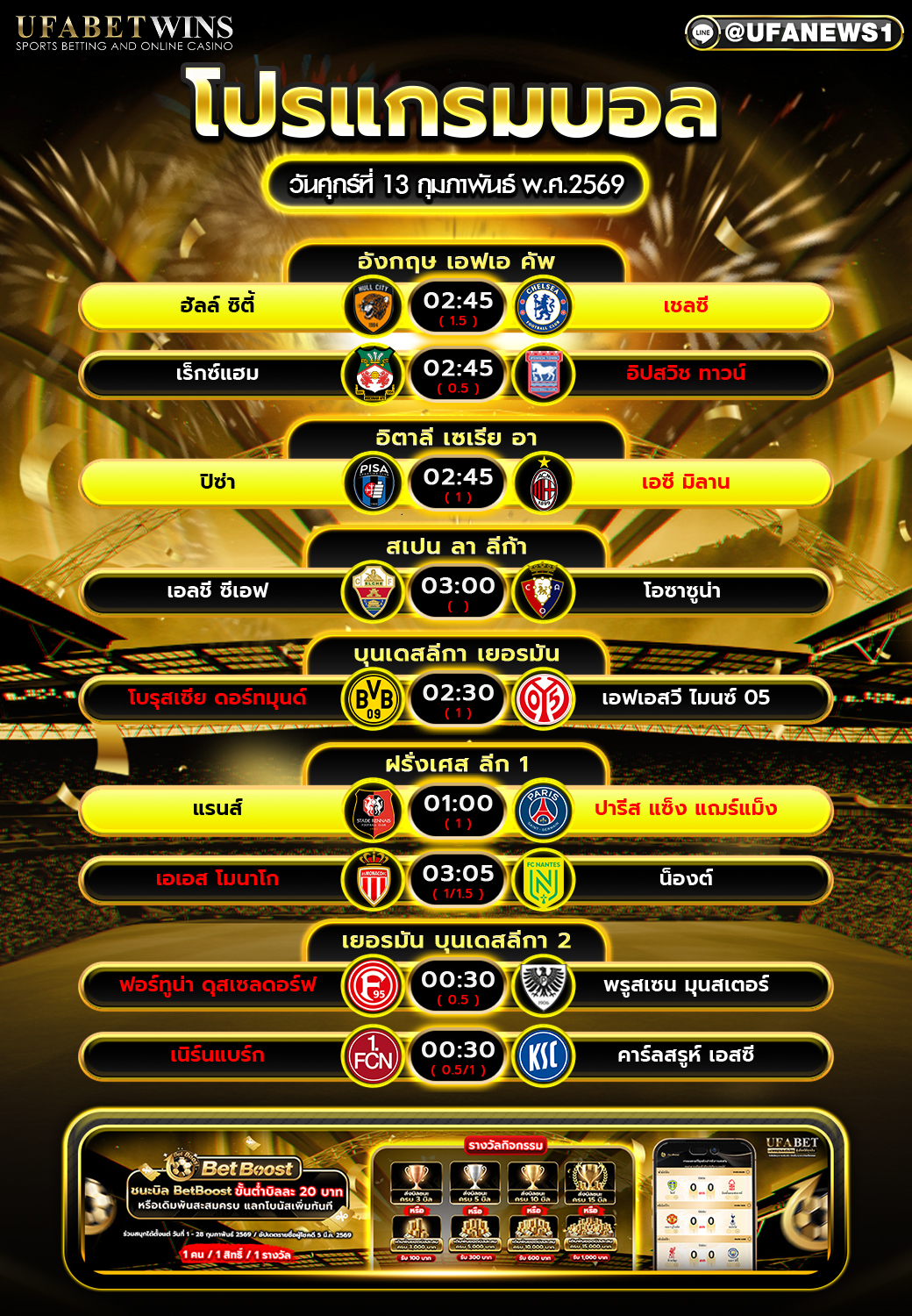 โปรแกรมบอล วันศุกร์ที่ 13 กุมภาพันธ์ พ.ศ.2569 | รวมทุกลีกดัง เวลาแข่งขันครบ