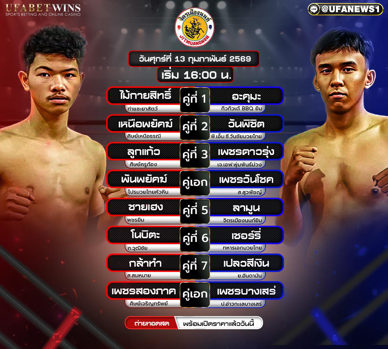 โปรแกรมมวย ศึกจิตเมืองนนท์ วันศุกร์ที่ 13 กุมภาพันธ์ 2569 เวทีมวยจิตรเมืองนนท์ เวลา 18:00 น.