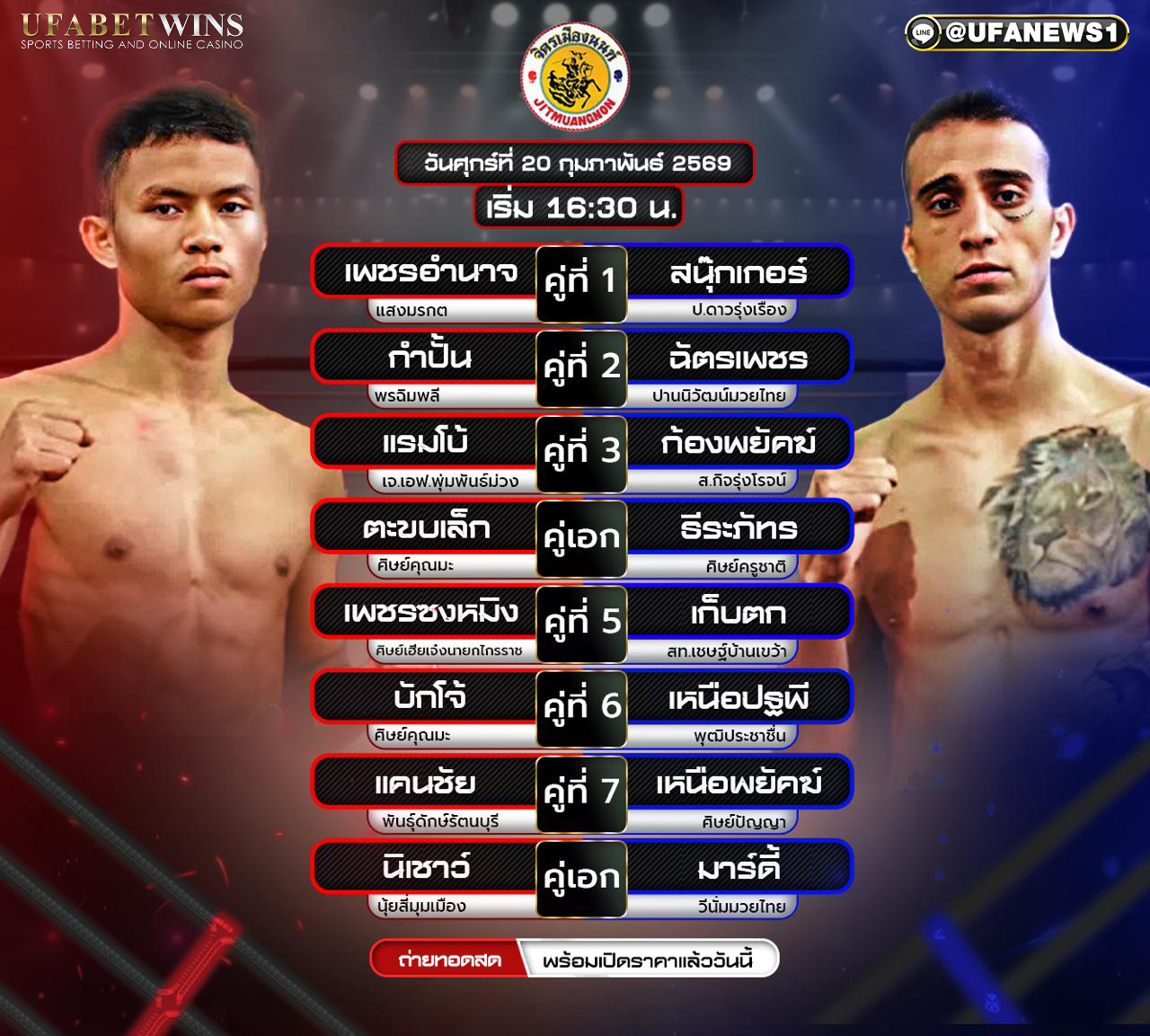 โปรแกรมมวย ศึกจิตรเมืองนนท์ 20 กุมภาพันธ์ 2569 เวทีมวยจิตรเมืองนนท์ เริ่ม 18:00 น.