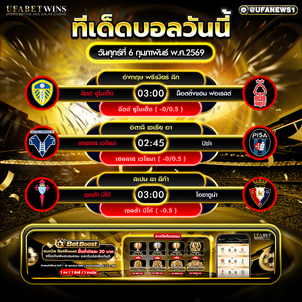 ทีเด็ดบอล วันศุกร์ที่ 6 กุมภาพันธ์ พ.ศ.2569 :วิเคราะห์บอล 3 ลีกใหญ่ พรีเมียร์ลีก เซเรีย อา และลา ลีกา พร้อมตารางสรุป