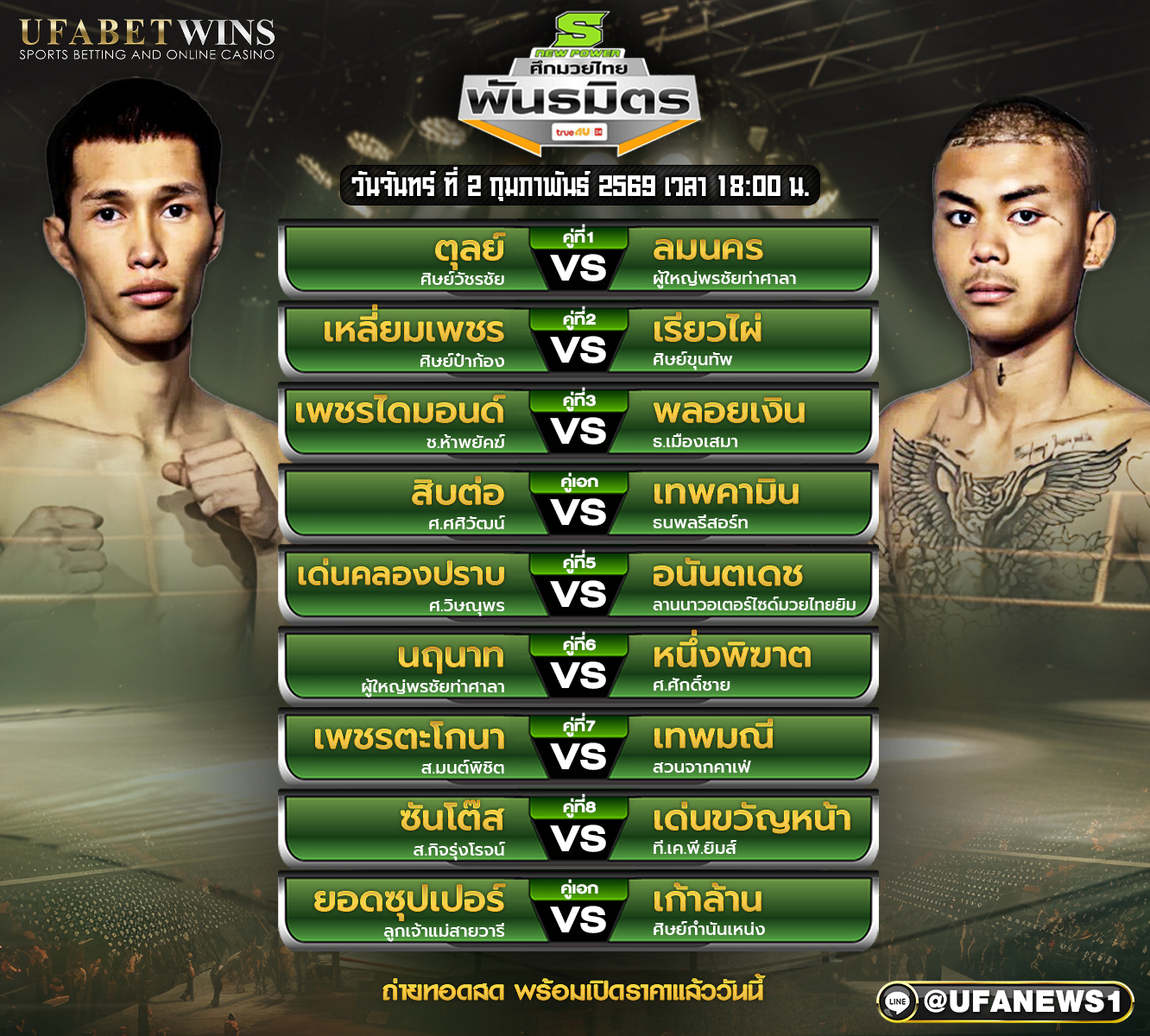 โปรแกรมมวย ศึกมวยไทยพันธมิตร วันจันทร์ที่ 2 กุมภาพันธ์ 2569