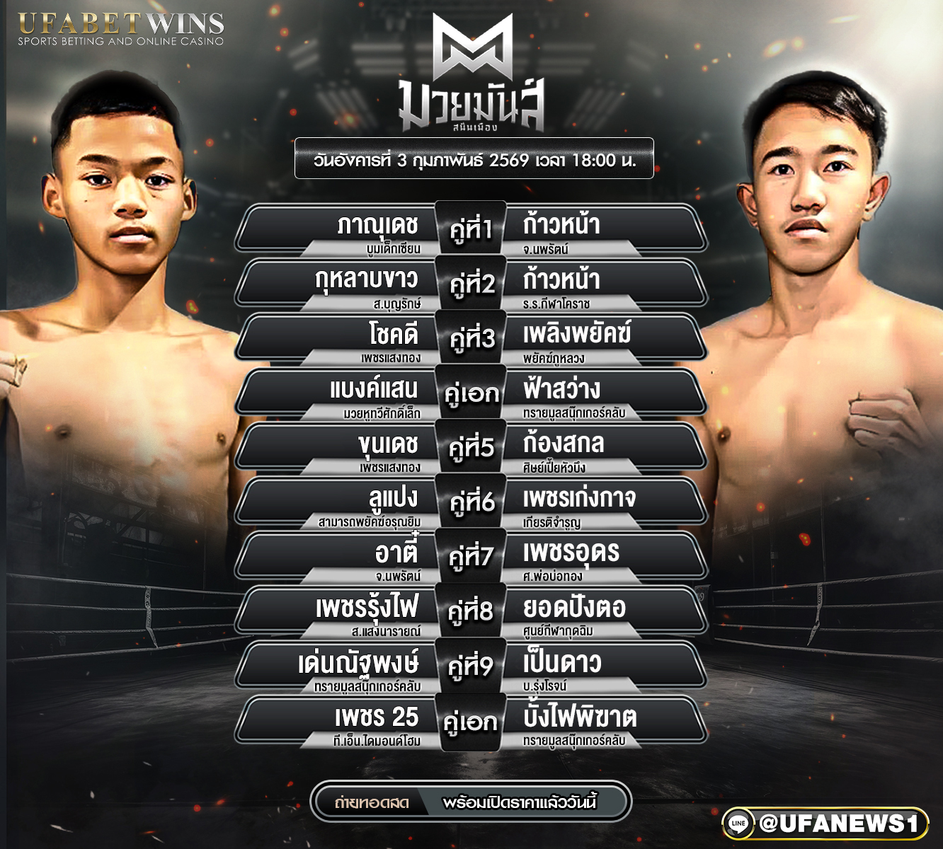 โปรแกรมมวย ศึกมวยมันส์สนั่นเมือง วันอังคารที่ 3 กุมภาพันธ์ 2569 ณ เวทีมวยนานาชาติรังสิต เริ่มชก 18.00 น.
