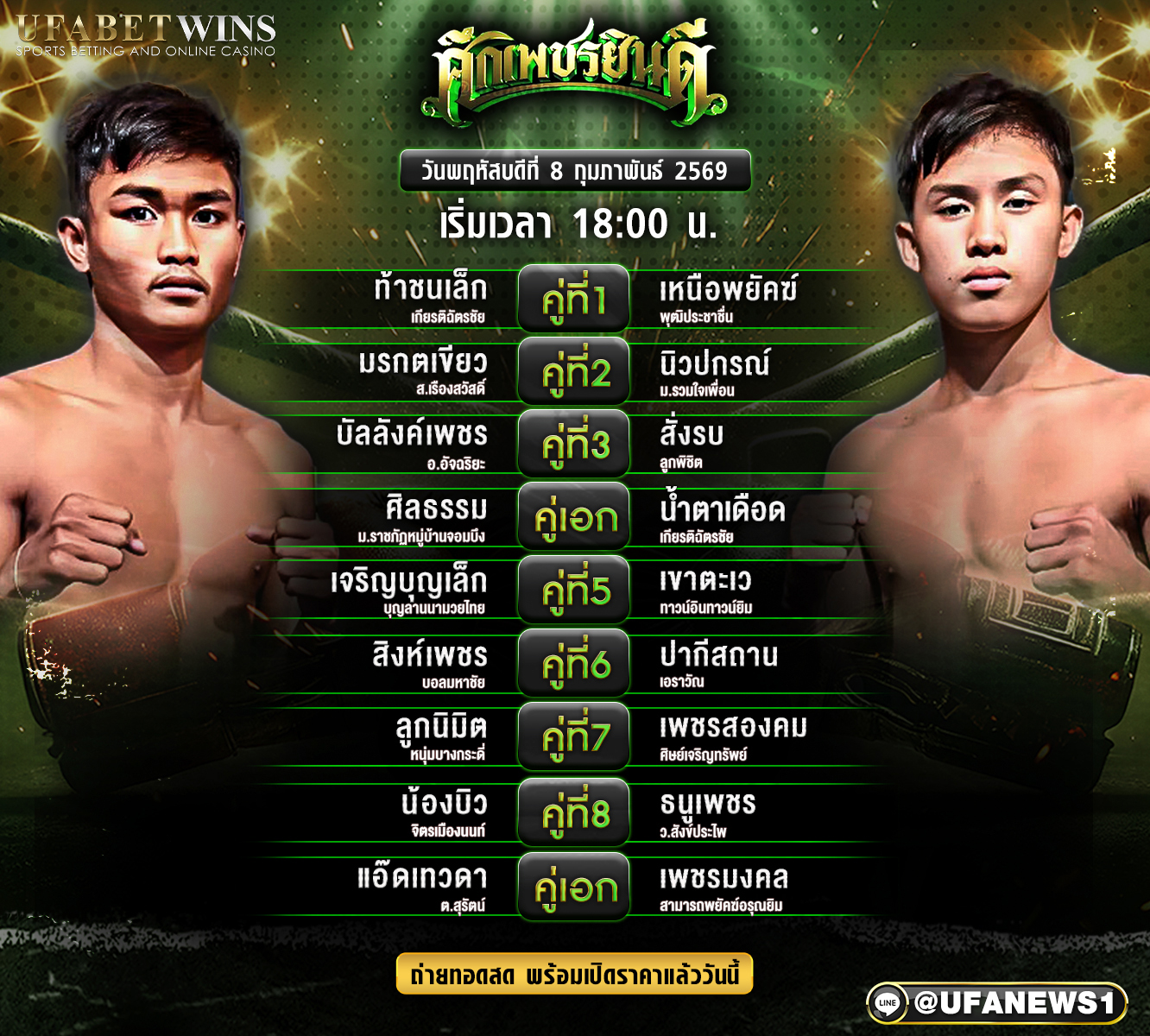 โปรแกรมมวย ศึกเพชรยินดี วันพฤหัสบดีที่ 5 กุมภาพันธ์ 2569 ณ เวทีมวยราชดำเนิน เริ่มชก 18.00 น.